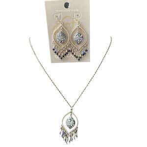 JILZARAH Reversible Polymer Clay Inlay Silver Tone Necklace & Chandelier Earring